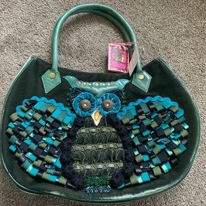 Anthropologie Green Teal Velvet Owl Embellished Shoulder Bag